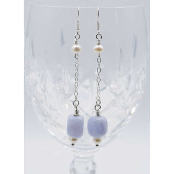Boho Blue lace agate with pearl earrings