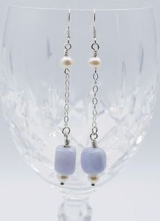 Boho Blue lace agate with pearl earrings