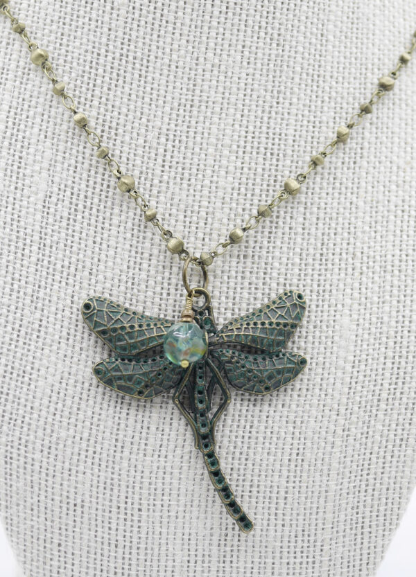 Green Patina Dragonfly and Brass Necklace 55 1