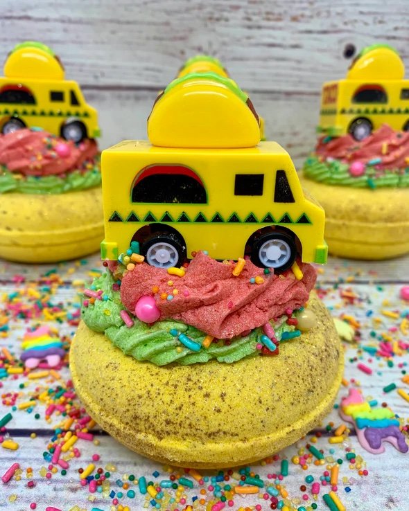 taco truck bath bom with toy and solid frosting